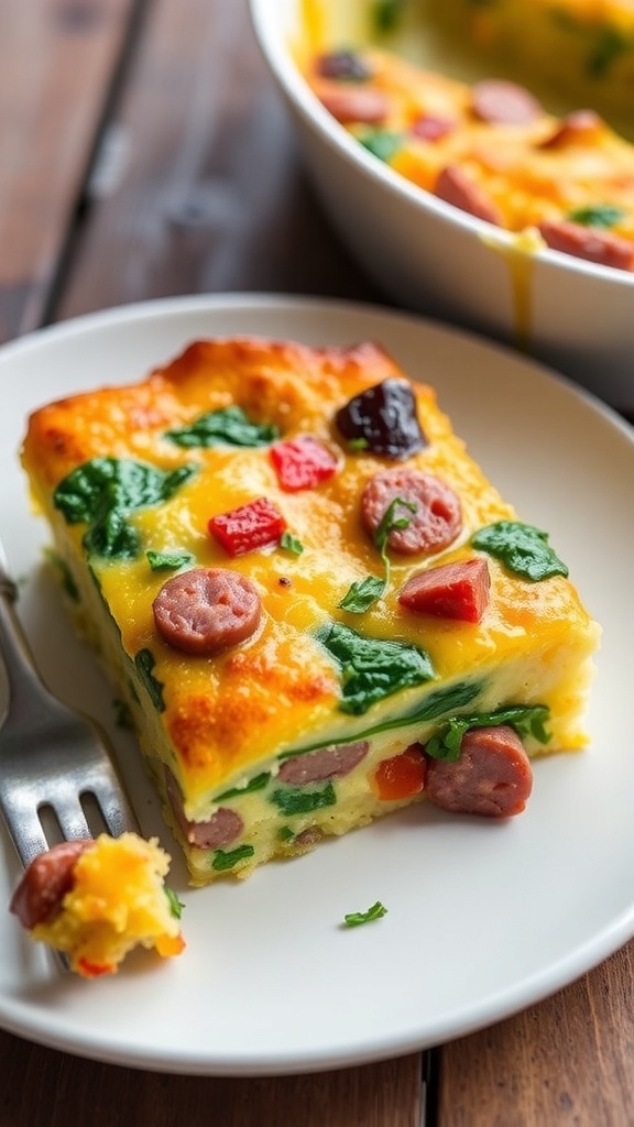 Whole30 Sausage and Egg Casserole Recipe A slice of Whole30 sausage and egg casserole with sausage, bell peppers, and spinach on a plate.